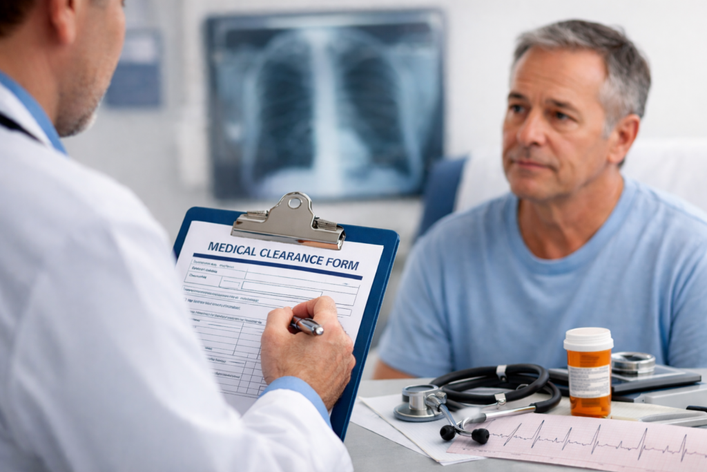 doctor completing medical form with patient