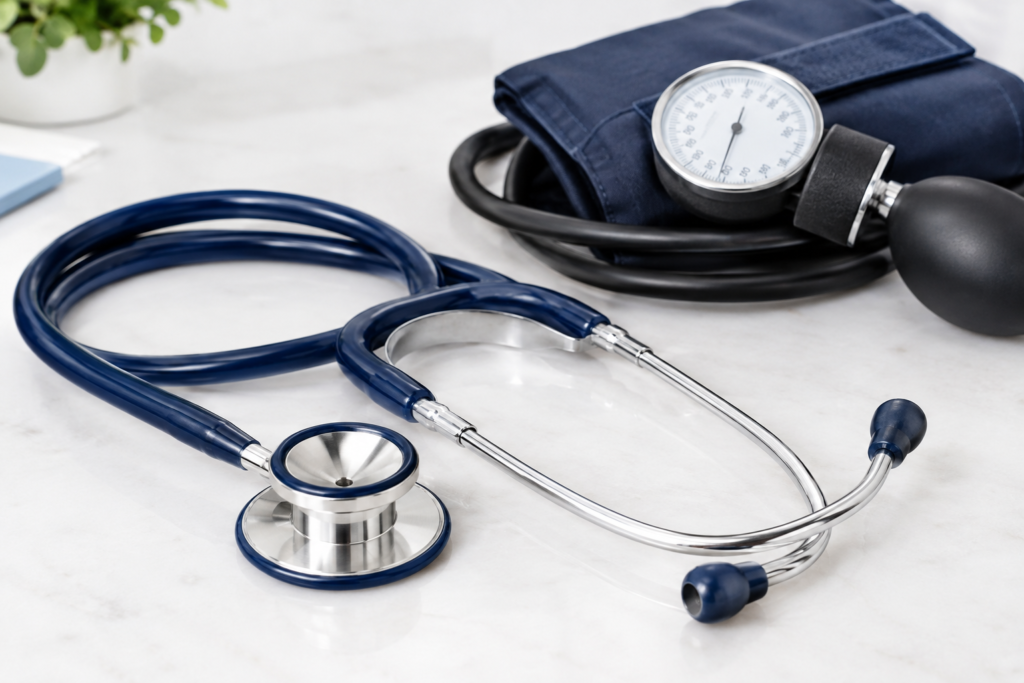 High Blood Pressure: Signs, Risks, and When to See a Doctor in Commack navy stethoscope and blood pressure set